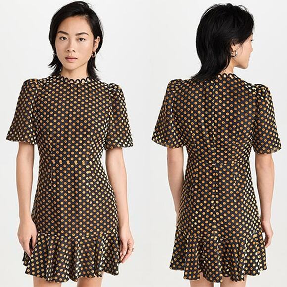 NWT Rhode Daron Puff Sleeves A-line Mini Dress Black & Gold Dot Jacquard - Picture 1 of 7